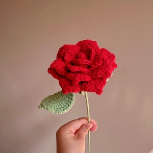 Handmade Crochet Tulip Rose, Openable petals Knitted Flower Bouquet for Vase|Home Decoration, Gift for Valentines Day, Mother,Her,Lover Rose Red