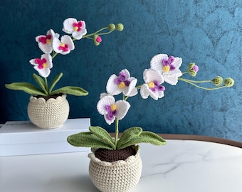 Handgefertigter gestrickter Blumentopf, gehäkelte Schmetterlings-Orchideenpflanze, Geschenk für Mutter / Frau / Oma, Geburtstagsjubiläen, gute Besserung, danke
