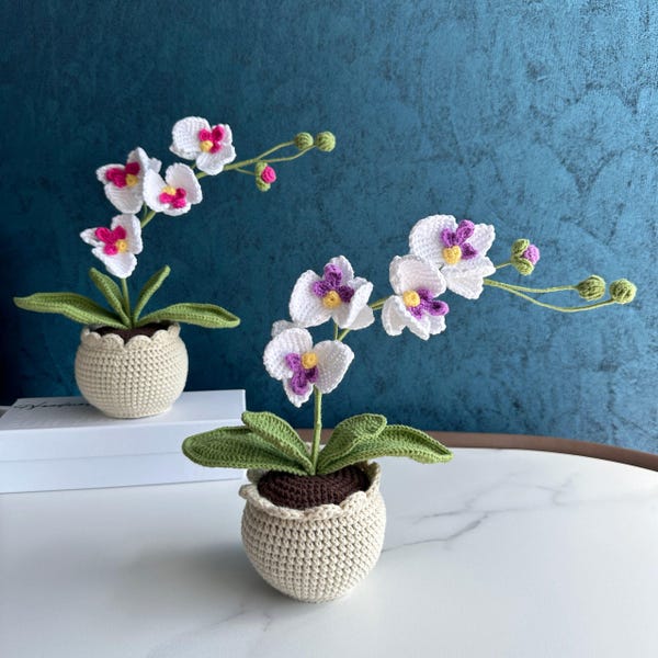 Handmade Knitted Flower Pot, Crochet Orchid, Gift for Mom/Wife/Grandma,Teacher,Birthday, Thank you