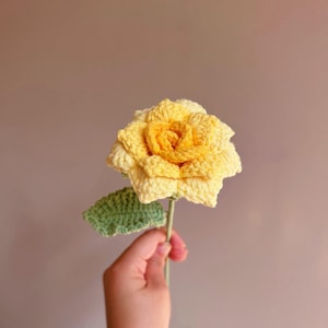Handmade Crochet Tulip Rose, Openable petals Knitted Flower Bouquet for Vase|Home Decoration, Gift for Valentines Day, Mother,Her,Lover Rose Yellow