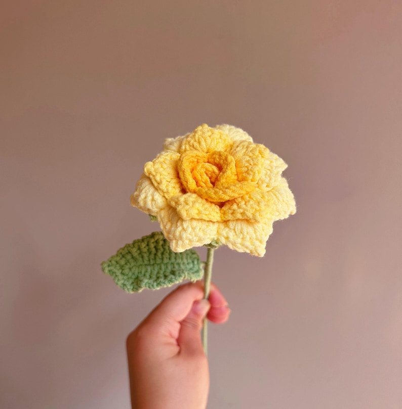 Handmade Crochet Tulip Rose, Openable petals Knitted Flower Bouquet for Vase|Home Decoration, Gift for Valentines Day, Mother,Her,Lover Rose Yellow