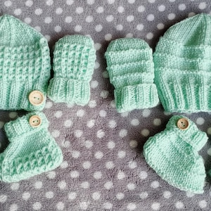 Hand Knitted Baby Unisex Beanie Style Hat, Mittens and Bootees Sets.