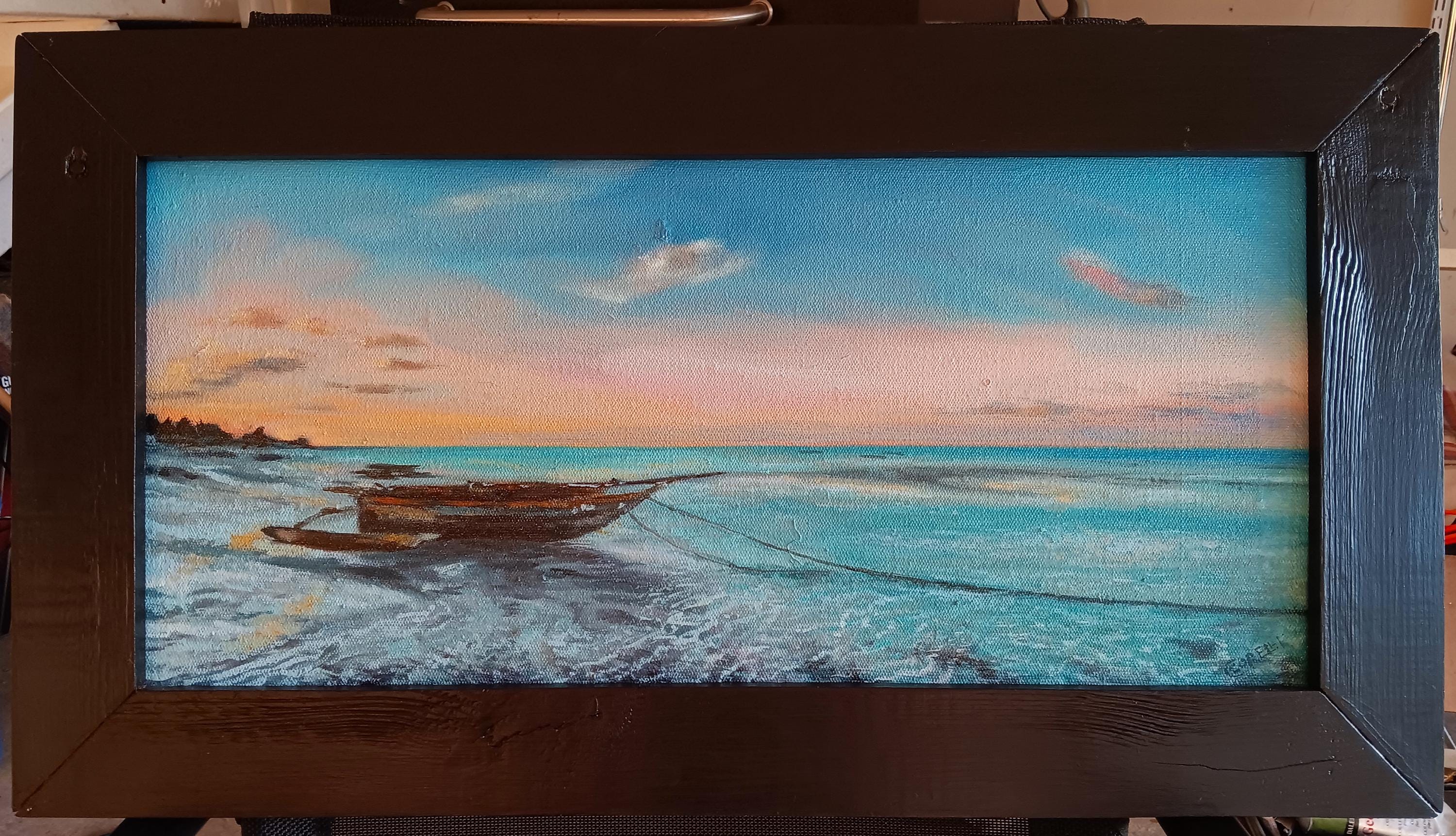 油彩画 帆船の風景 額縁なし 真作】絵画 油彩8号 静かな港に佇む帆船