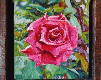 Studie #3: Rosa Rose, Ölbild, mit handgefertigtem Schattenfugenrahmen