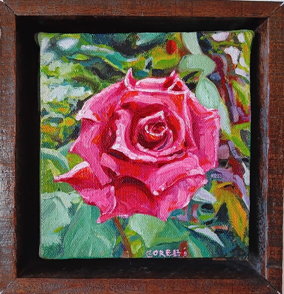 習作 #3: ピンクのバラの油絵、手作りのフロートフレーム - Etsy 日本