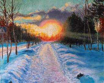 Sonne & Schnee in Oulu, Finnland original Ölgemälde
