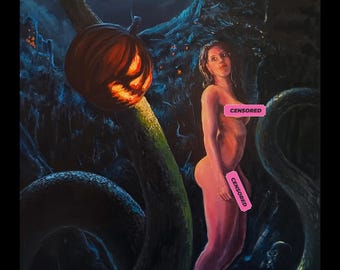 Transgender Frau Kunstdruck: Halloween Schlange & Kürbis Fantasy Gemälde