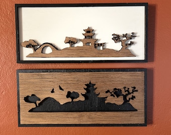 Japanisches Tempel-Diptychon, lasergeschnittene Wand-/Regalkunst, handbemalt