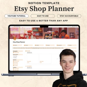 Puede incluir: La pantalla de una computadora portátil que muestra una plantilla de Notion para la planificación de una tienda Etsy. La plantilla incluye secciones para navegación, acciones rápidas, estadísticas, análisis, finanzas, organización y planificación. La pantalla también muestra una imagen pixelada de una tienda con una persona detrás del mostrador. El texto "Etsy Shop Planner" se muestra en la parte superior de la pantalla.