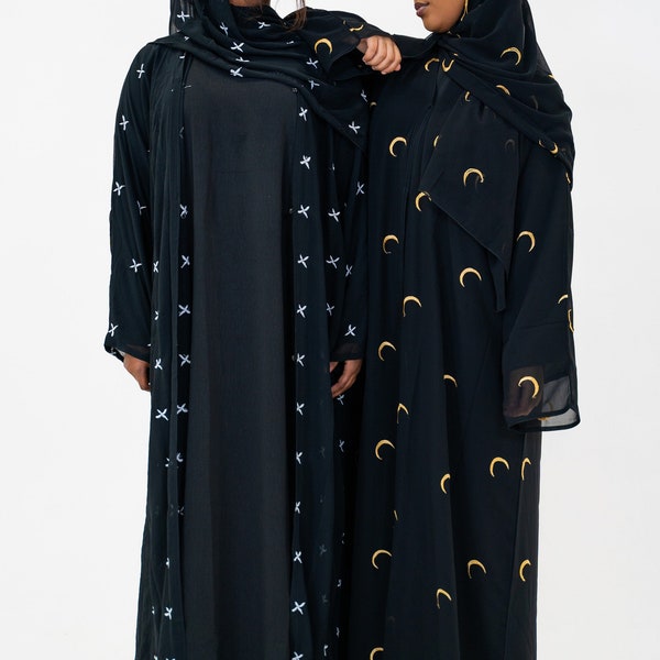 2 Pieces Black Embroided Linen Abaya