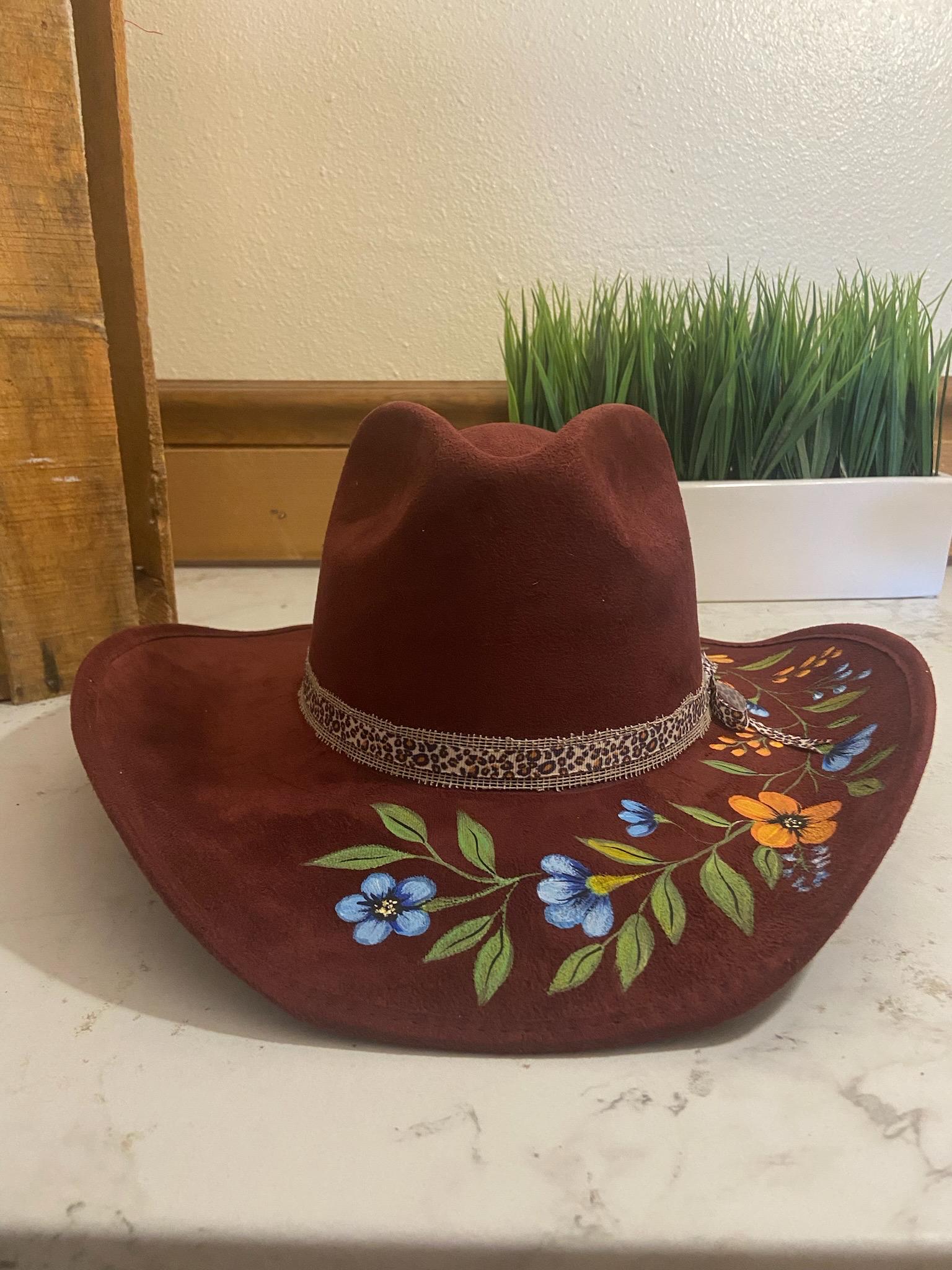 Women\'s Suede & Embroidered Hat NEW / Sombrero Gamusa Bordade- NUEVO Red rose revolver fabric lined burned suede wide brim cowboy  main image 2