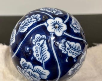 Ceramic Decorative Orb: Blue and White Floral Chinoiserie Round Vase