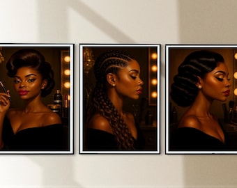 Black Woman Glam Salon Art Set of 3 | Hairstyles Portrait (Digital Download)