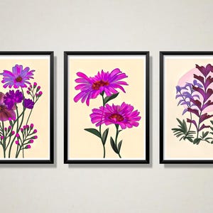 Set of 3 Purple Floral Digital Wall Art, Purple Whimsical Flowers,Purple Floral Wall Art
