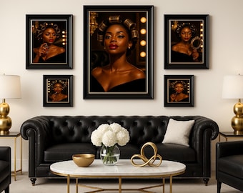 Black Woman Glam Salon Art Set | Gold Roller Portrait (Digital Download)