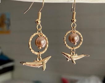 Golden Whale Dangle Earrings: Pearl Animal Earrings