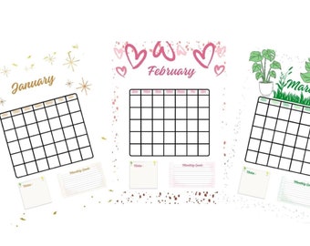 Páginas del calendario de 12 meses - Plantilla de calendario mensual del diario A5 - Planificador mensual - Calendario IMPRIMIBLE - Página del planificador imprimible