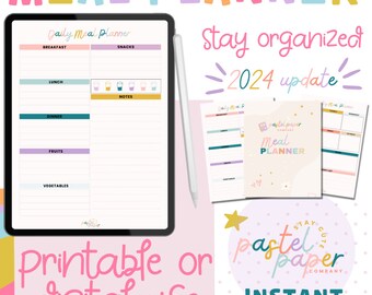 Puede incluir: Un planificador de comidas digital imprimible con un esquema de color pastel. El planificador está dividido en secciones para el desayuno, el almuerzo, la cena, los refrigerios, las frutas, las verduras y las notas. El texto "Daily Meal Planner" está en la parte superior del planificador. El texto "Stay organized 2024 update!" está en una fuente más grande y está en la parte superior de la imagen. El texto "Printable or digital use" está en la parte inferior de la imagen. El texto "pastel paper company" está en un círculo con una estrella y el texto "INSTANT DOWNLOAD" está debajo del círculo.