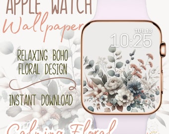 Kwiatowa tapeta na Apple Watch | Uspokajająca, relaksująca tarcza Apple Watch w stylu boho | Natychmiastowe pobieranie sztuki cyfrowej | Kwiaty | Neutralny Apple Watch w stylu boho