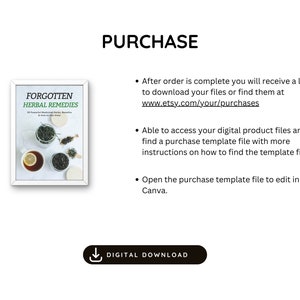 Op de afbeelding: Een witte ingelijste digitale download productlisting voor een boek getiteld "Forgotten Herbal Remedies". De boekomslag heeft een witte achtergrond met een foto van drie glazen potten gevuld met gedroogde kruiden en een citroenschijf. De tekst "PURCHASE" staat in zwarte vetgedrukte letters boven de productafbeelding. De tekst "DIGITAL DOWNLOAD" staat in zwarte letters op een witte knop met een downloadpictogram.