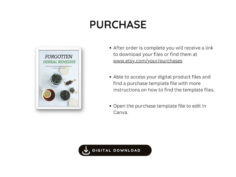 Op de afbeelding: Een witte ingelijste digitale download productlisting voor een boek getiteld "Forgotten Herbal Remedies". De boekomslag heeft een witte achtergrond met een foto van drie glazen potten gevuld met gedroogde kruiden en een citroenschijf. De tekst "PURCHASE" staat in zwarte vetgedrukte letters boven de productafbeelding. De tekst "DIGITAL DOWNLOAD" staat in zwarte letters op een witte knop met een downloadpictogram.