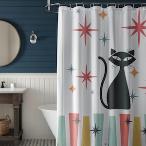 Cortinas de chuveiro de gato atômico, decoração de banheiro moderna de meados do século, design de estrela vintage, acessórios para casa retrô, presente exclusivo para amantes de gatos