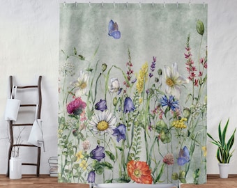 Watercolor Wildflower Shower Curtain: Boho Botanical Bath Decor