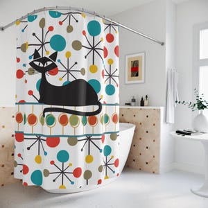 Decoração de banheiro moderna de meados do século, cortina de chuveiro de gato atômico, design vintage de estrela e círculo, acessórios retrô para casa, presente exclusivo para amantes de gatos,