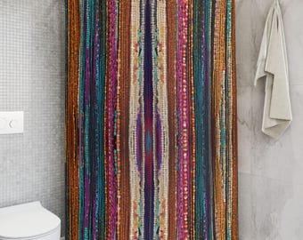 Boho Hippie Fabric Shower Curtain: Colorful 70's Beaded Look AI Design
