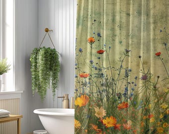 Poppy Wildflower Shower Curtain: Vintage Cottagecore Bath Decor