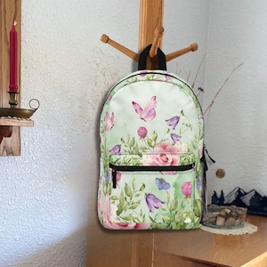 Butterfly Backpack with Pretty Pink and Purple Flowers, Beautiful Floral School Bag, Nature Inspired Travel Backpack, Girl&#39;s Backpack,