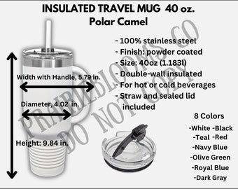 Puede incluir: Taza de viaje aislada blanca con asa, pajita y tapa sellada. La taza mide 25 cm de alto, 14.7 cm de ancho con el asa y 10.2 cm de diámetro. Cuenta con aislamiento de doble pared y está hecha de acero inoxidable.
