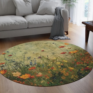 Cottagecore Floral Round Rug: Botanical Boho Decor (60 inches)