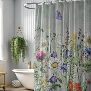 Botanical Home Decor Shower Curtain Watercolor Print Daisy Pattern Farmhouse Accent Bathroom Natural Style Spring Design Gift Idea Home