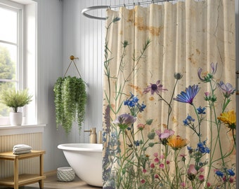 Botanical Shower Curtain, Boho Shower Curtain, Wildflowers, Cottagecore Bath Decor, Floral Shower Curtain, Vintage Vibe Bath Decor,