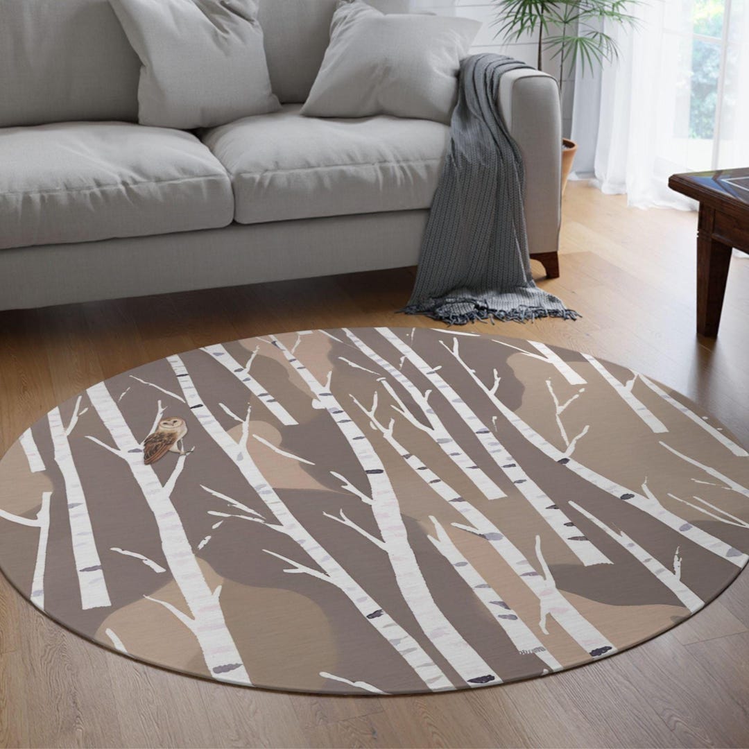 Small Round Forest Rug Birch Tree Forest Round Rug: Woodland Owl Accent Rug (60 Inches) - Etsy