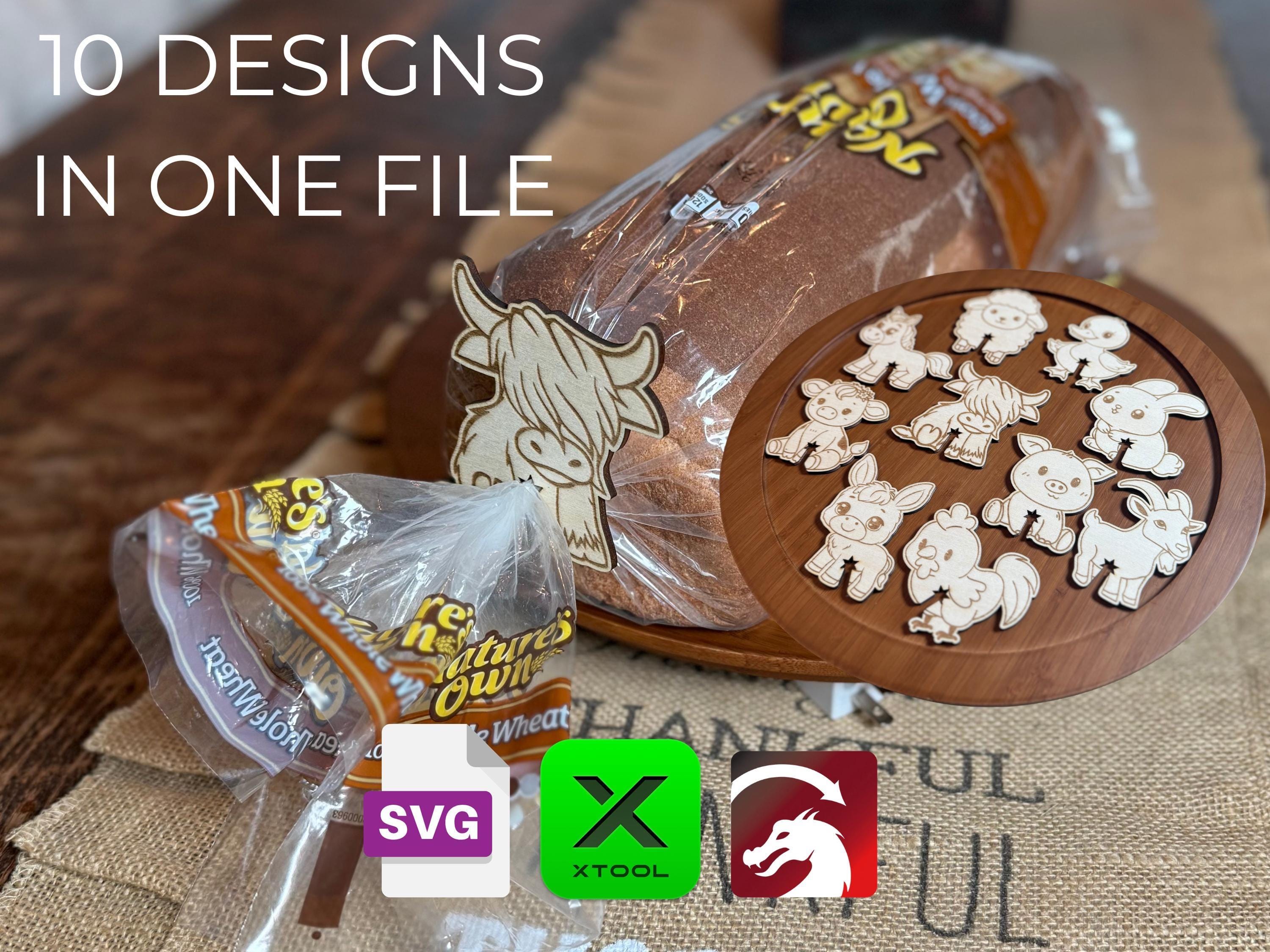 10 Pack - Bag clips, funny bread bag Holder SVG file, farm animals, assortment of bread bag clips/holders for laser cutting and engraving