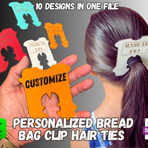 May include: A selection of colourful bread bag clip hair ties in orange, red, white, and teal. The orange clip is labelled "Customize." The image also includes the text "10 Designs in One File" and "Personalised Bread Bag Clip Hair Ties."