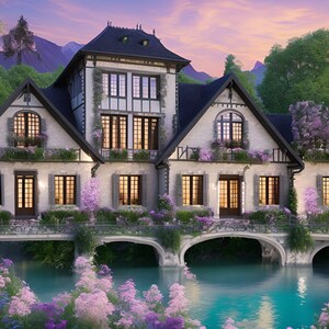 May include: A white stone house with a black roof and a bridge over a blue river. The house has many windows and is surrounded by lush green trees and purple flowers.
