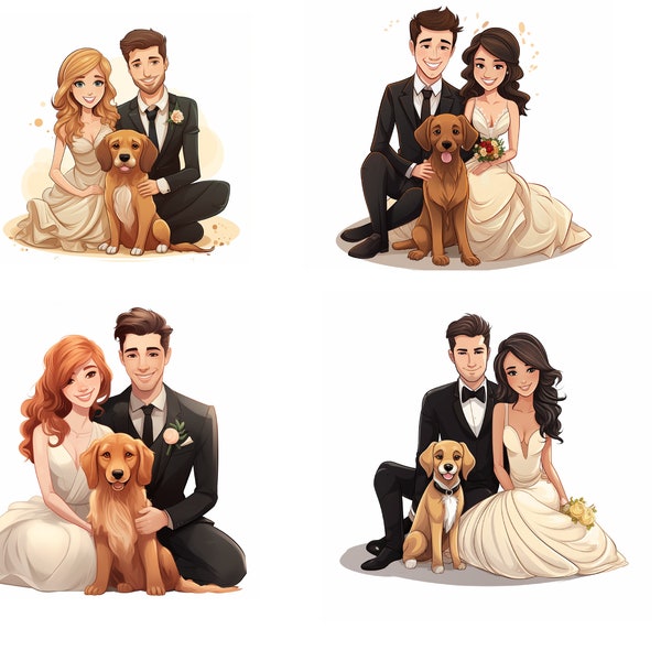 Bride and groom, red head, brown head, black head, blonde headed brides, bride and dog, bride groom and dog, dog wedding, PNG, wedding