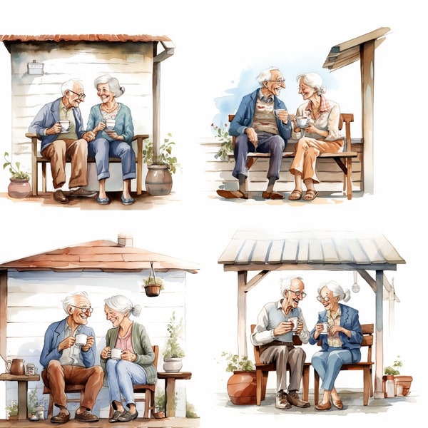 Old couple,married couple, old man,old woman, marriage, coffee, drinking coffee, PNG