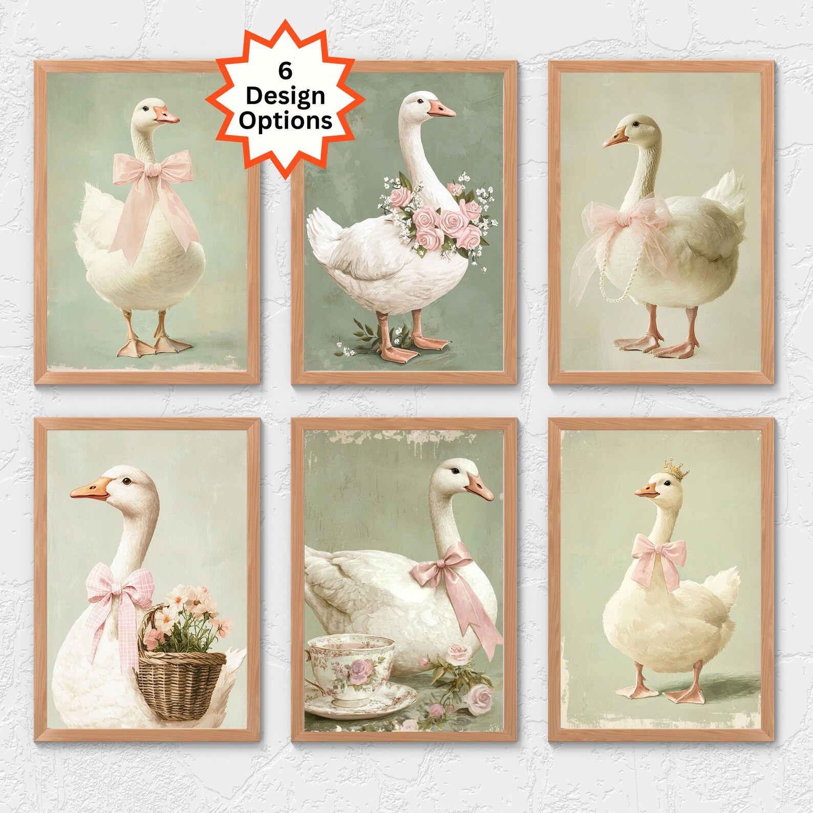 Vintage Goose Nursery Wall Art Print Baby Room Coquette Pink Bow ...