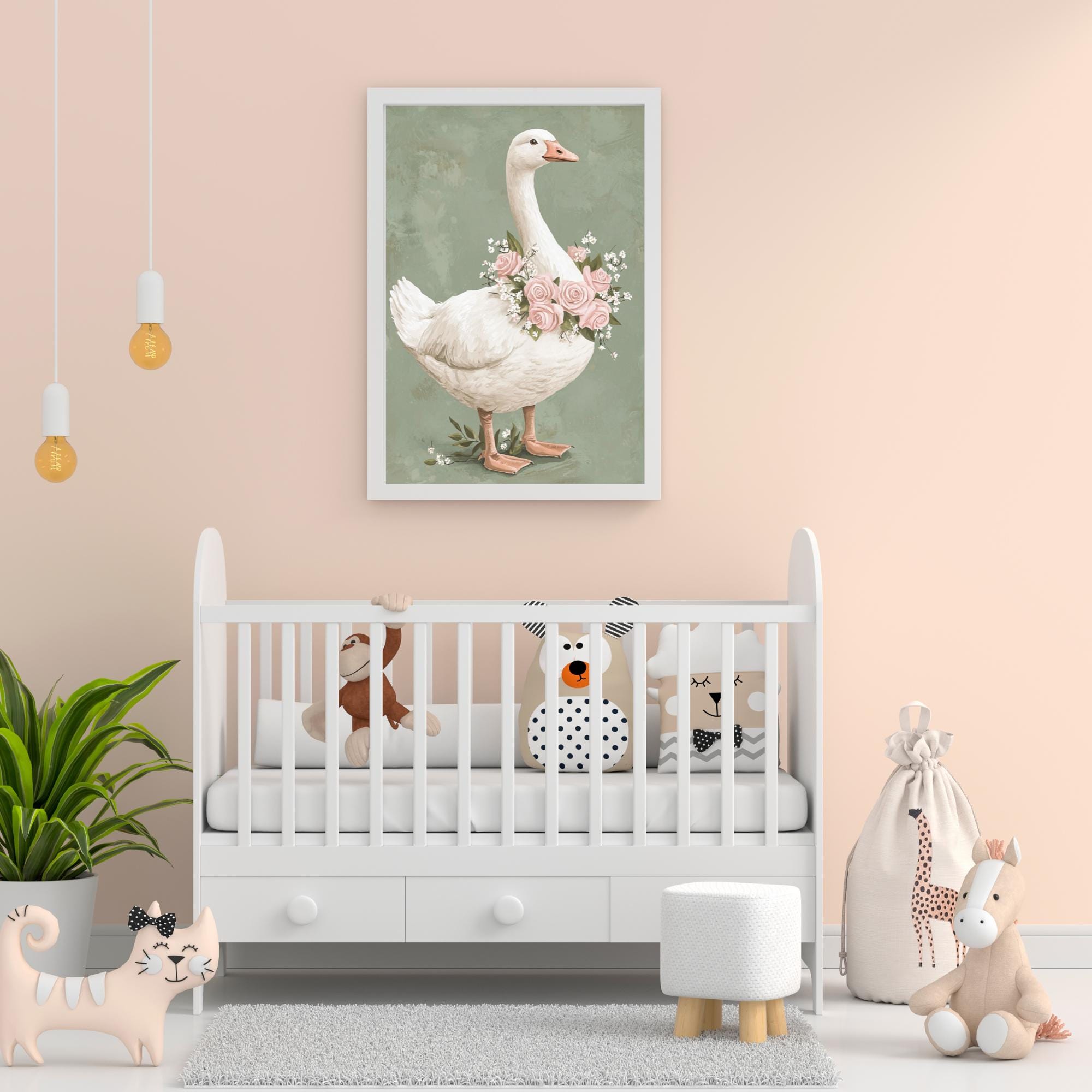 Vintage Goose Nursery Wall Art Print Baby Room Coquette Pink Bow ...