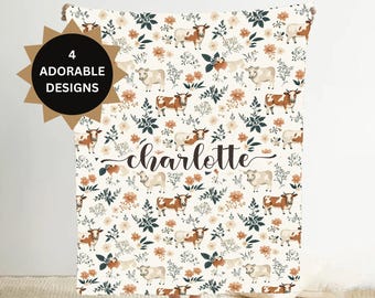 Personalized Cow Baby Blanket Custom Name Blanket for Baby Girl Blanket Neutral Farm Animal Baby Shower Gift New Mom Blanket Gift