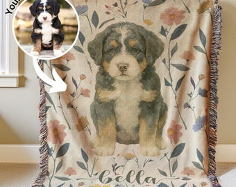 Personalized Pet Photo Blanket Dog Name Blanket Floral Custom Pet Memorial Blanket for Puppy Dog Bedding Blanket Pet Lover Gift for Dog Mom