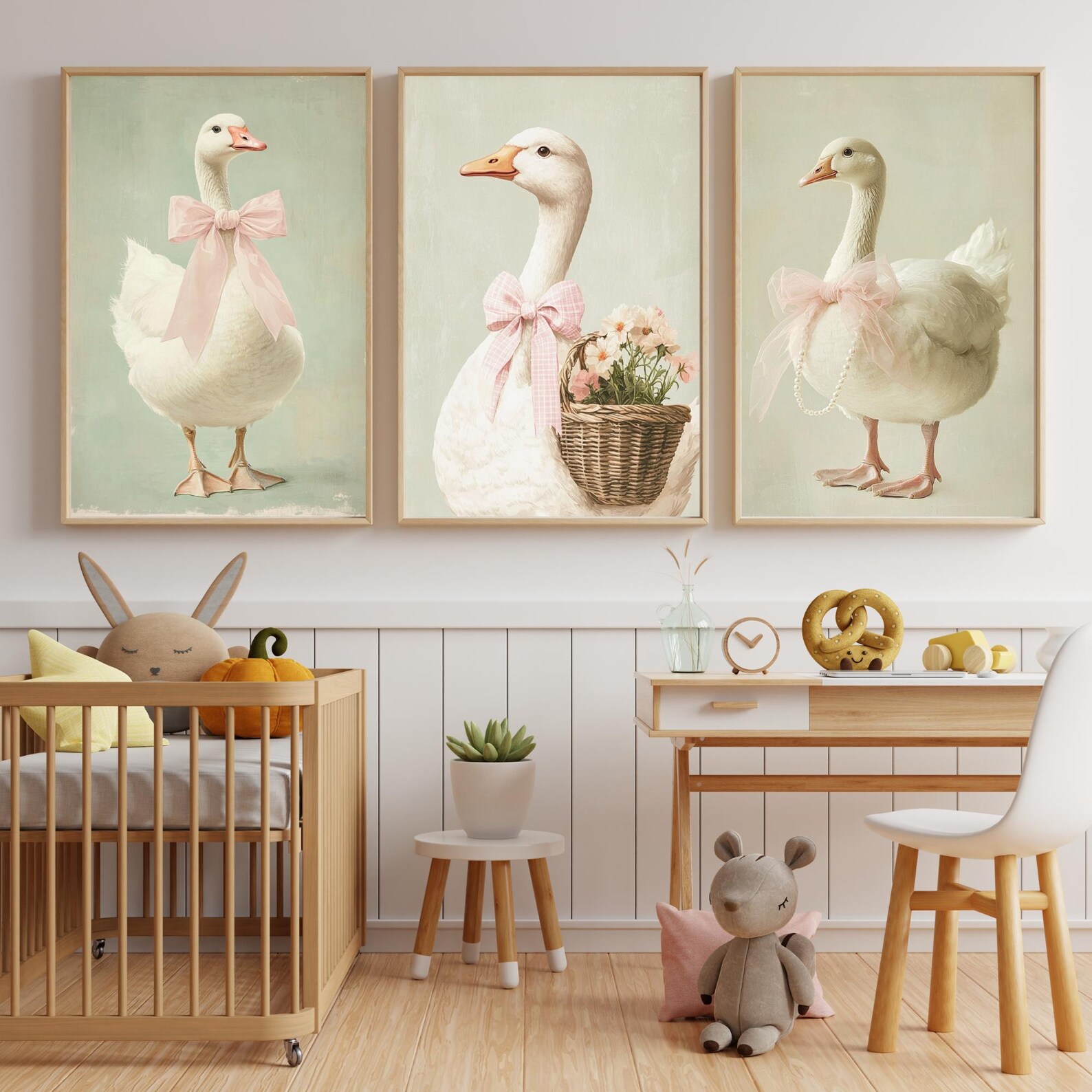 Vintage Goose Nursery Wall Art Print Baby Room Coquette Pink Bow ...