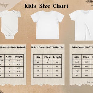 May include: A kids' size chart with three white shirts and a baby bodysuit. The chart includes measurements for baby bodysuits, toddler tees, and youth tees. The text "Kids Size Chart" is at the top.