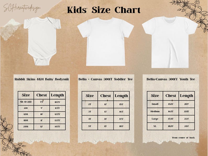May include: A kids' size chart with three white shirts and a baby bodysuit. The chart includes measurements for baby bodysuits, toddler tees, and youth tees. The text "Kids Size Chart" is at the top.
