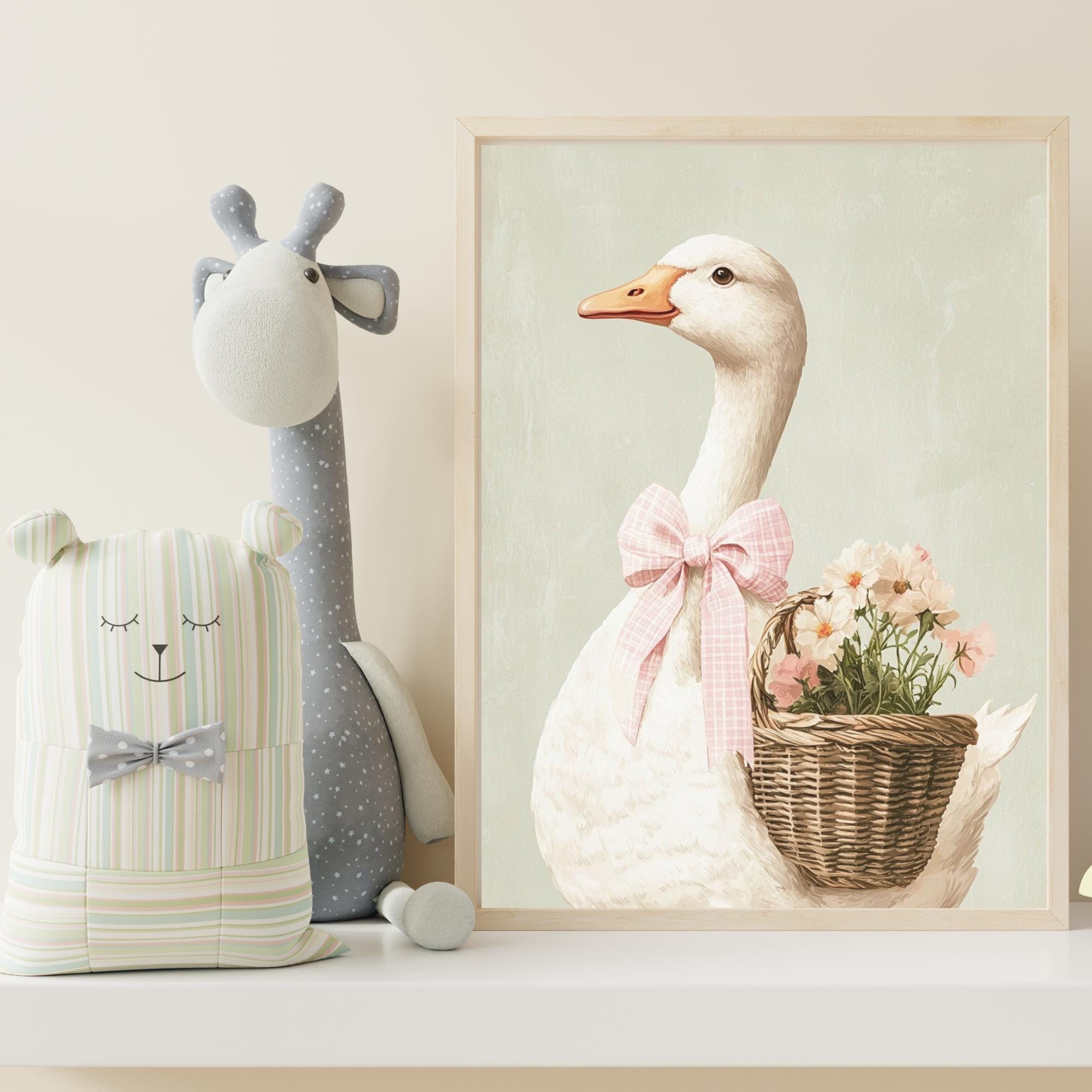 Vintage Goose Nursery Wall Art Print Baby Room Coquette Pink Bow ...