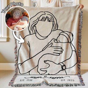 May include: Beige woven throw blanket featuring a black line drawing of a mother holding a baby. The blanket has a fringed edge and the words "mom & nonna" with the years "EST. 1988" and "EST. 2023" below the drawing. A photo is in the upper left corner.